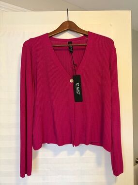 Fuchsia Pink Ribbed V-Neck Cardigan